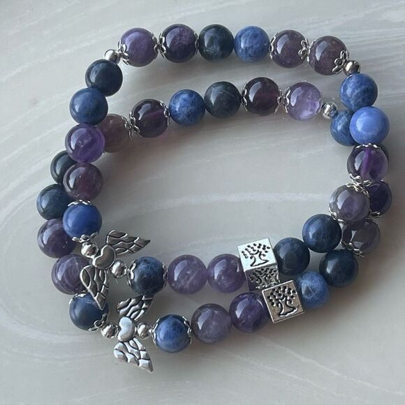 Amethyst sodalite Angel wings tree of life ONE NEW stretch bracelet beaded - Picture 2 of 11